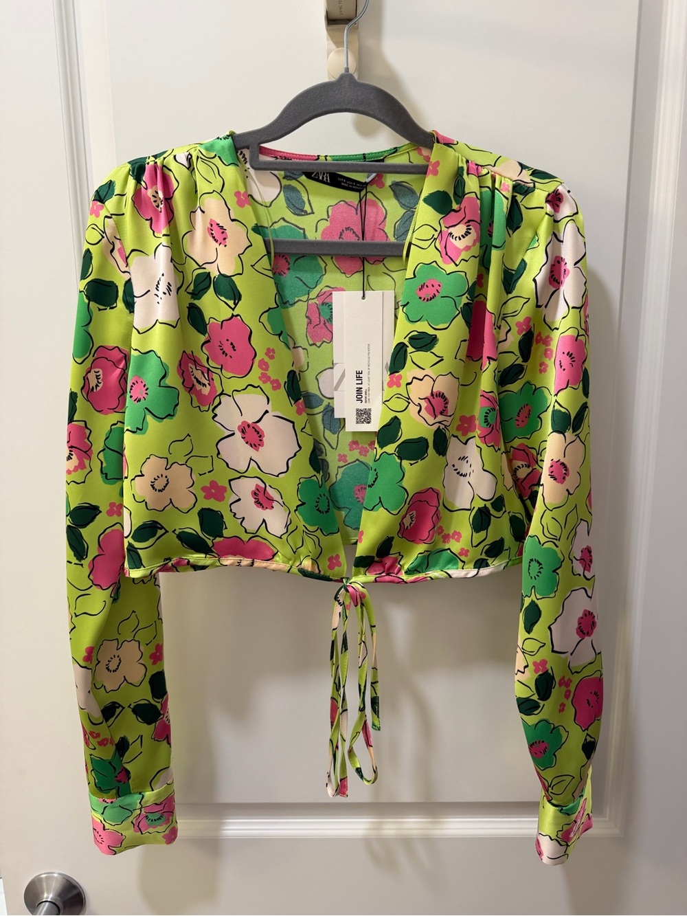 Zara Lime Green Floral Tie-Front Crop Top